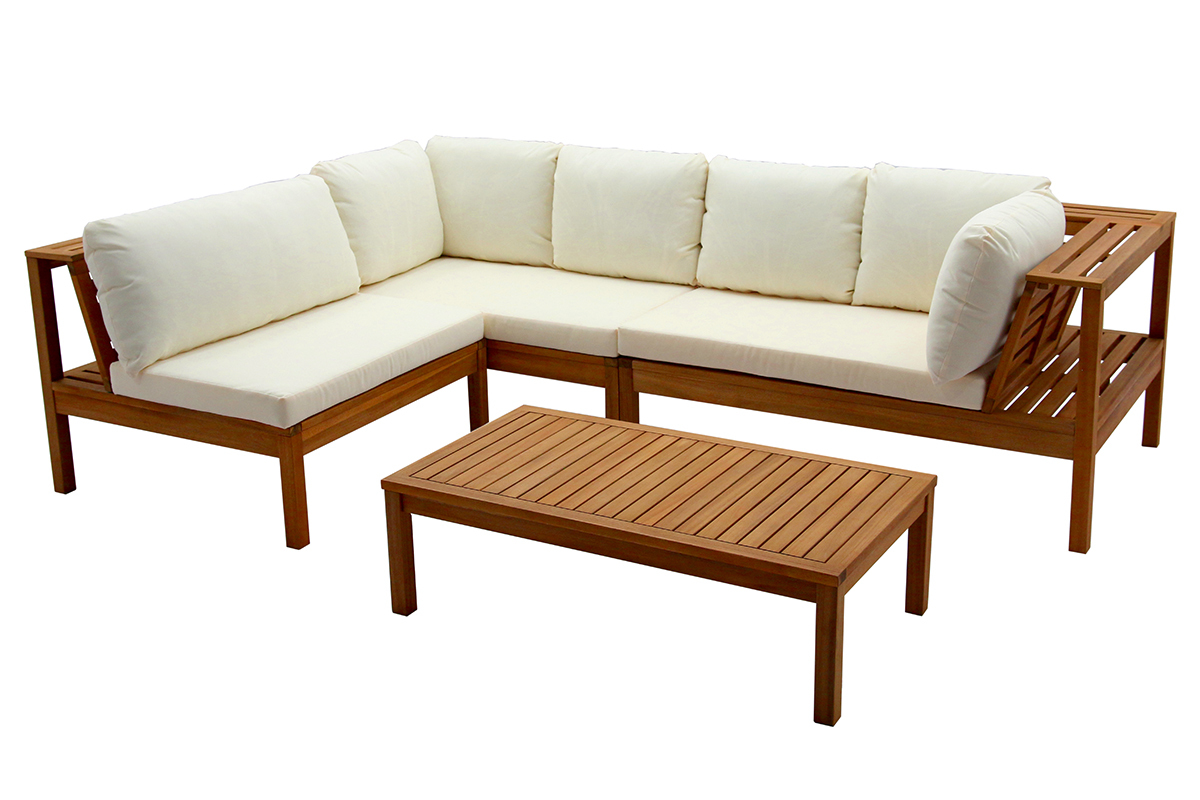 Salon de jardin d'angle 6 places en bois massif avec coussins dhoussables beige naturel BELIZE