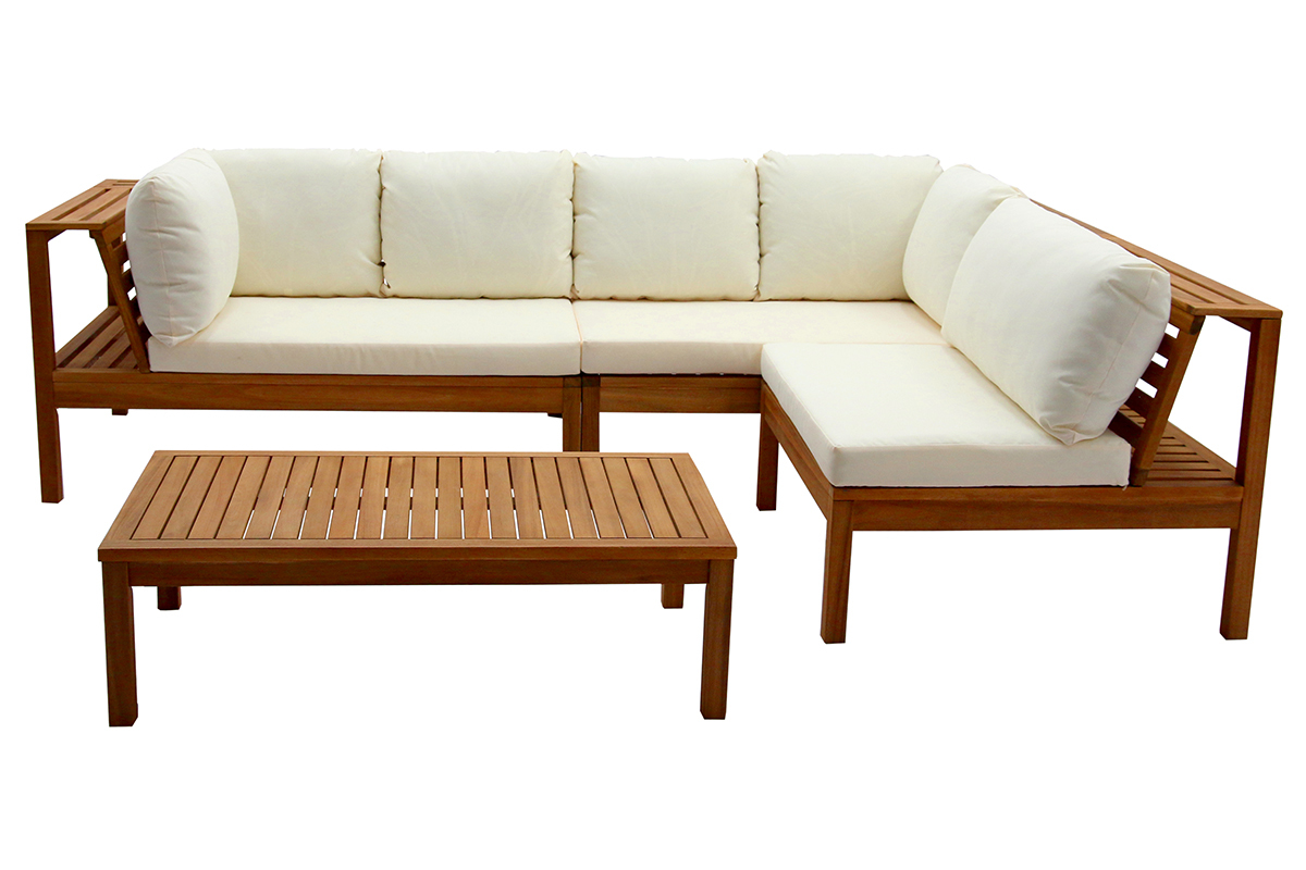 Salon de jardin d'angle 6 places en bois massif avec coussins dhoussables beige naturel BELIZE