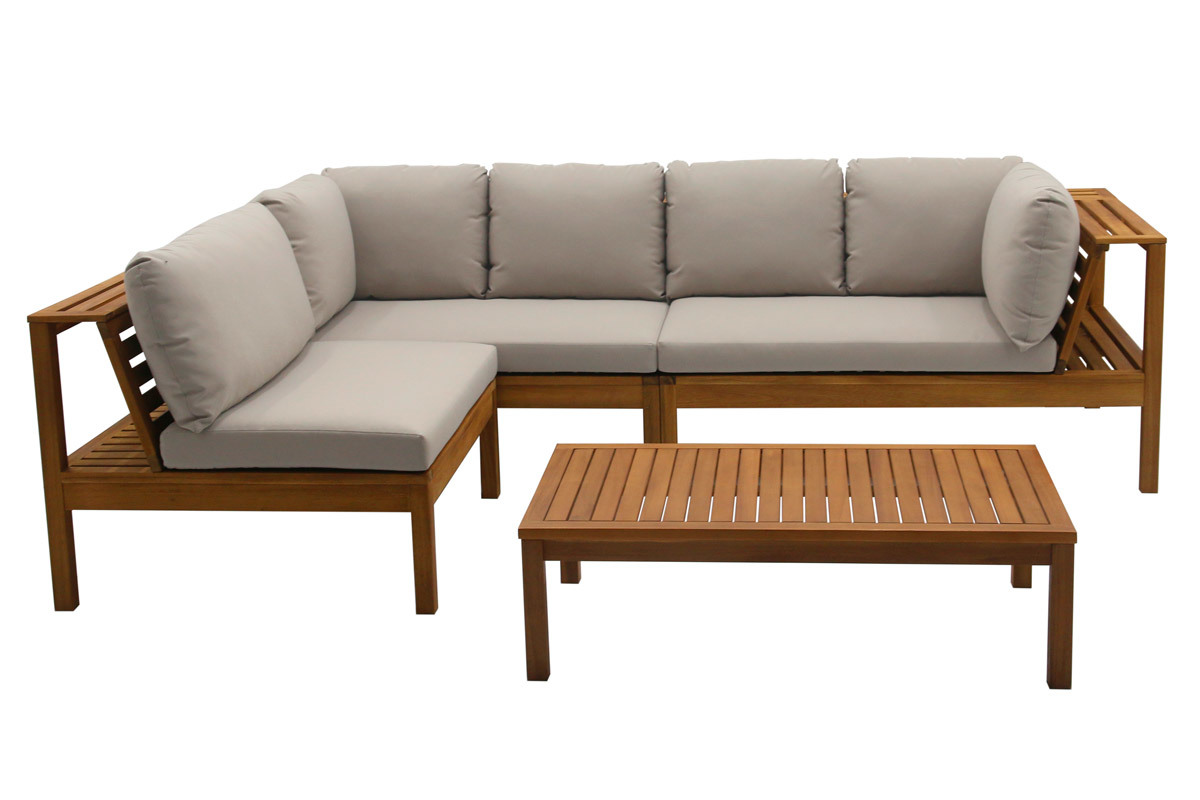 Salon de jardin d'angle 6 places en bois massif avec coussins dhoussables taupe BELIZE