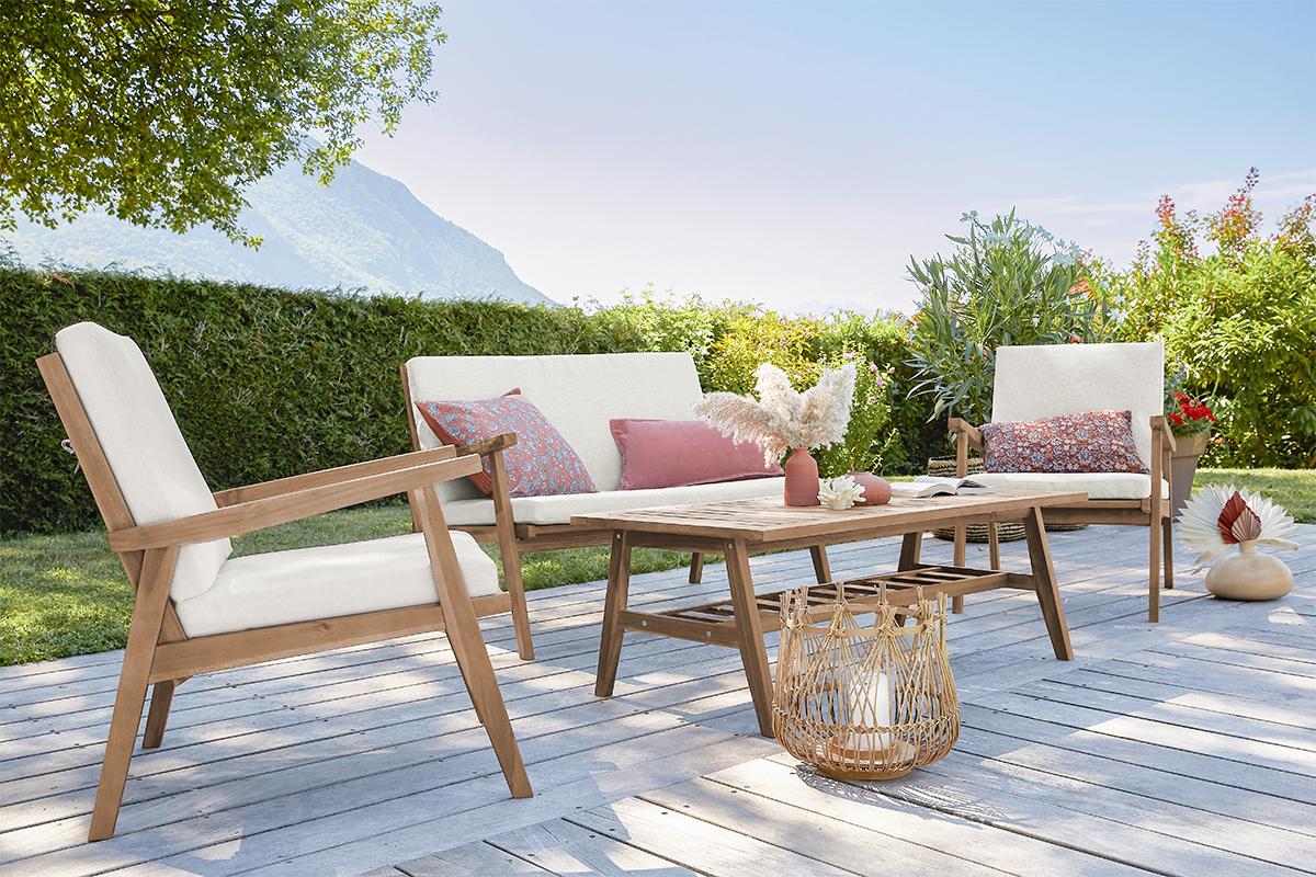 Salon de jardin en bois massif avec coussins dhoussables beige naturel TIAGA