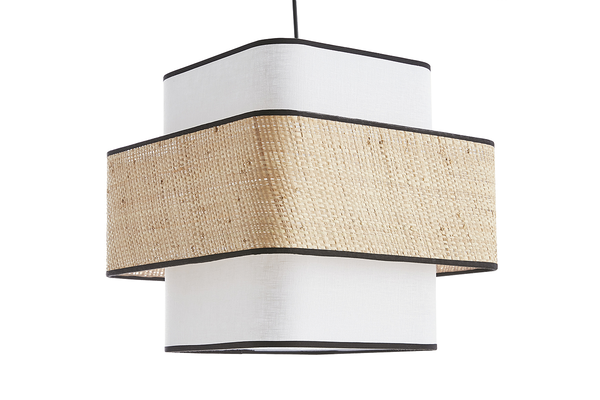 Suspension cube en tissu lin blanc et rabane naturelle L35 cm TERA