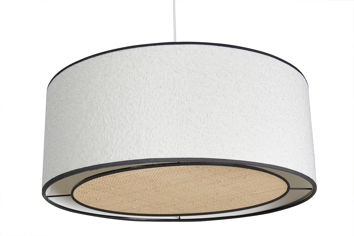 Suspension cylindrique en tissu effet laine boucle blanc et rabane naturelle D50 cm TRAVES