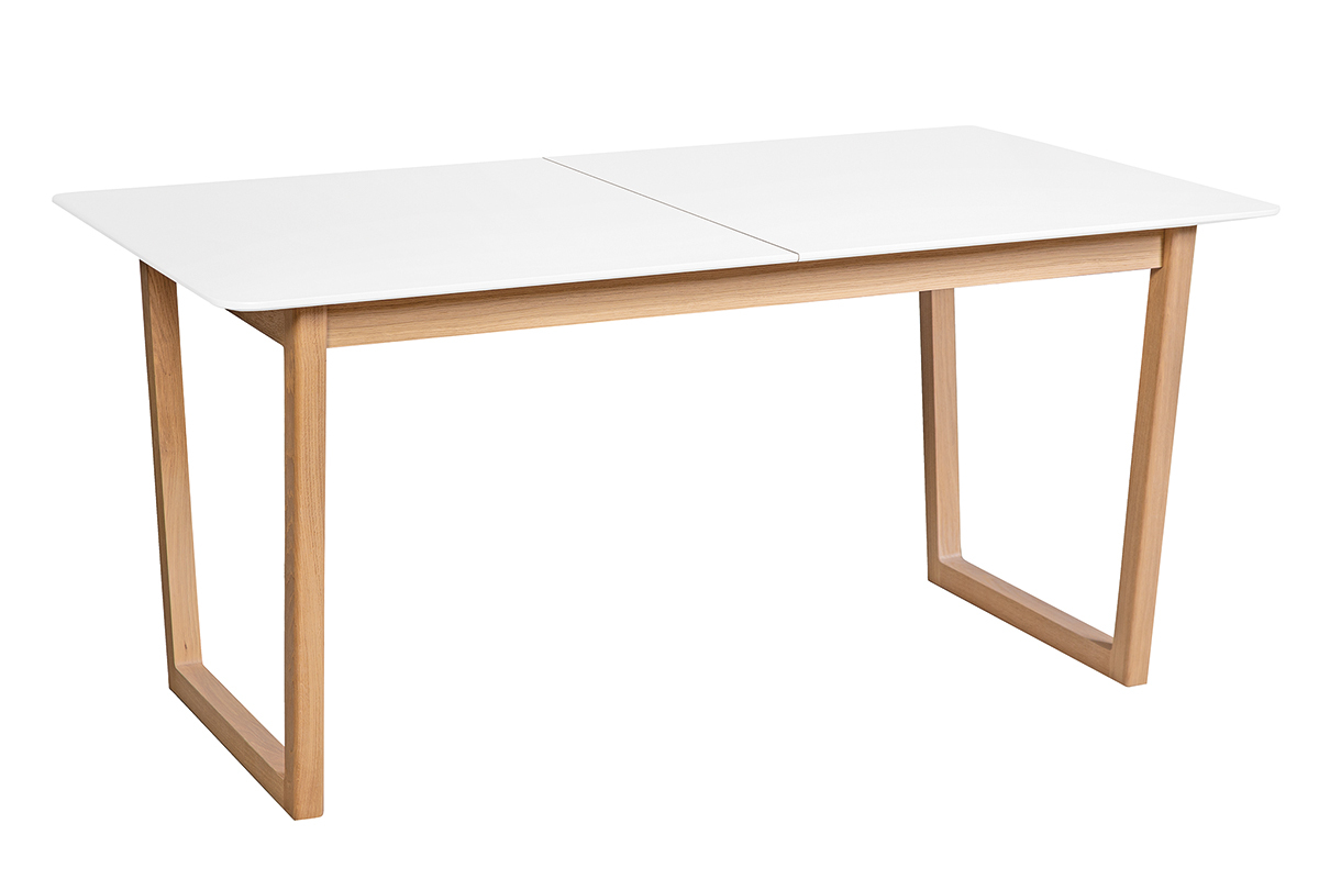 Table  manger extensible rectangulaire rallonges intgres finition blanc et bois clair chne massif L160-240 cm LAHO