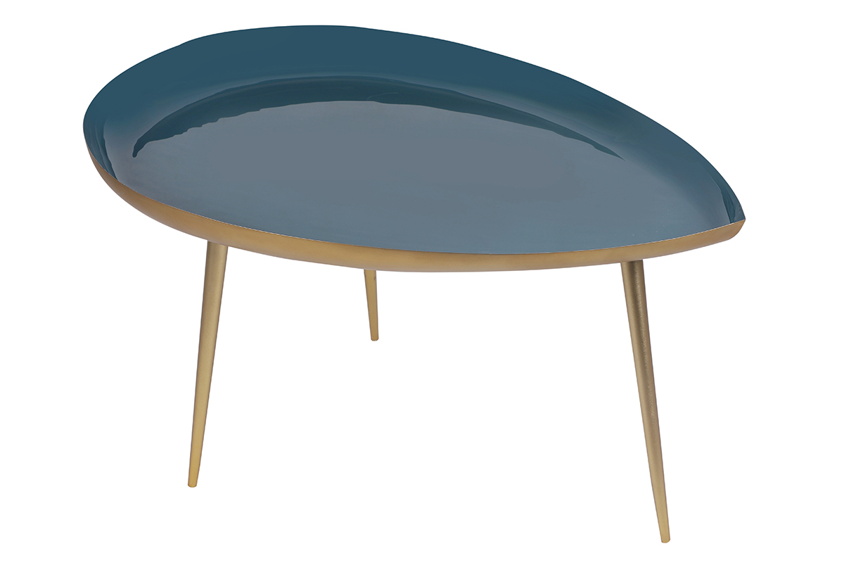 Table basse design en acier laqu bleu canard et dor L80 cm DROP