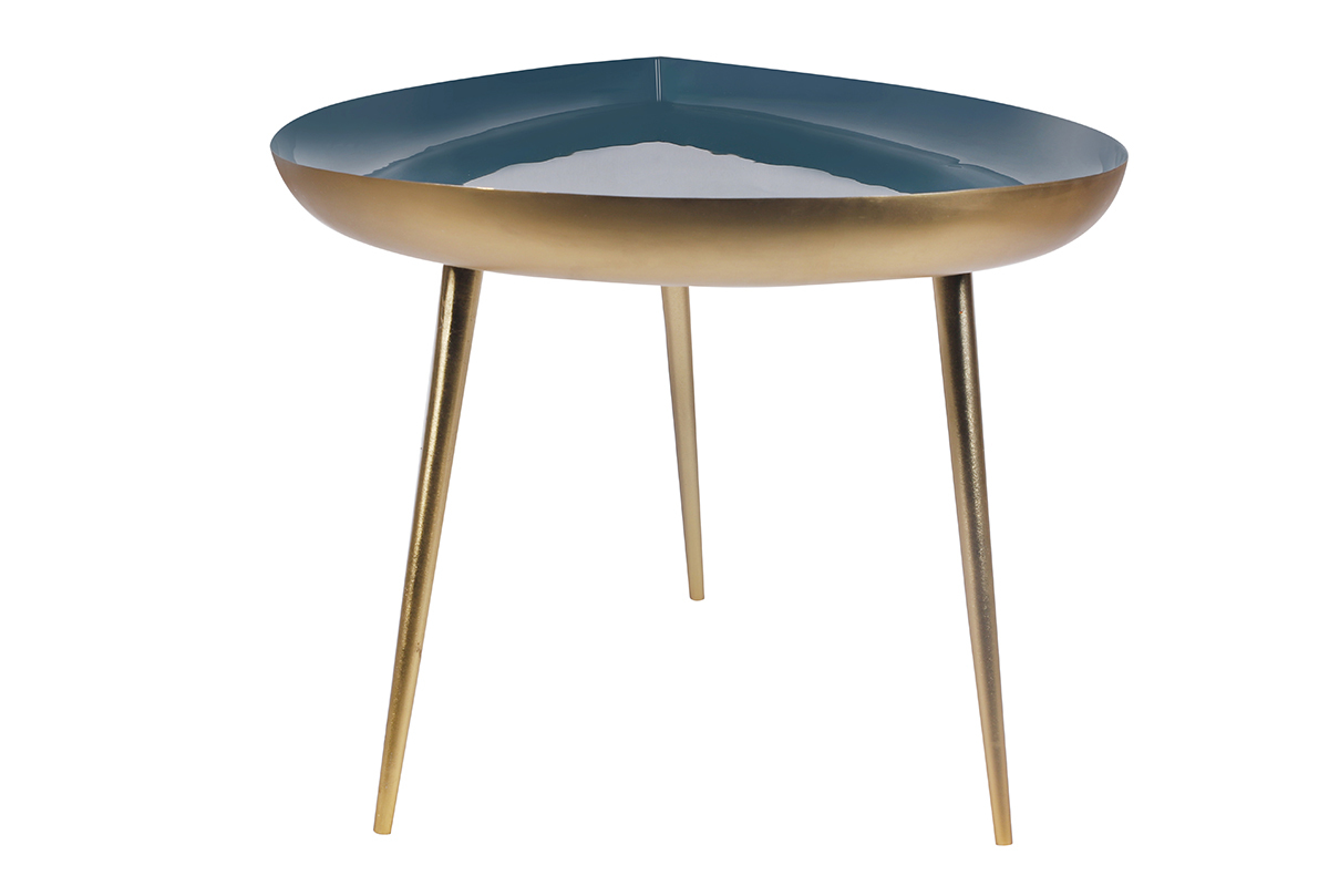 Table basse design en acier laqu bleu canard et dor L80 cm DROP