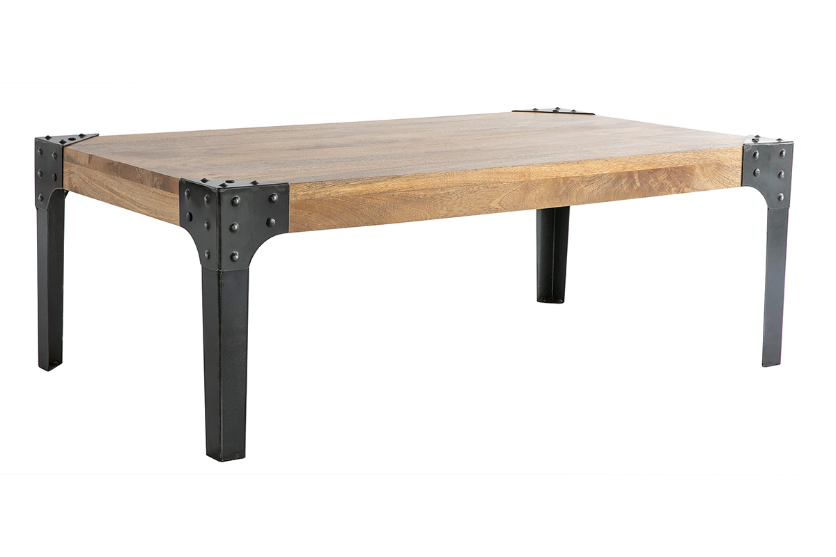 Table basse rectangulaire industrielle bois manguier massif et mtal noir L100 cm MADISON