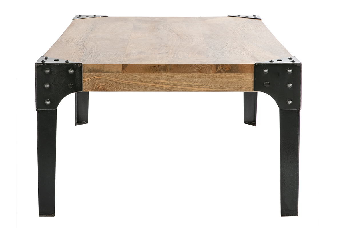 Table basse rectangulaire industrielle bois manguier massif et mtal noir L100 cm MADISON