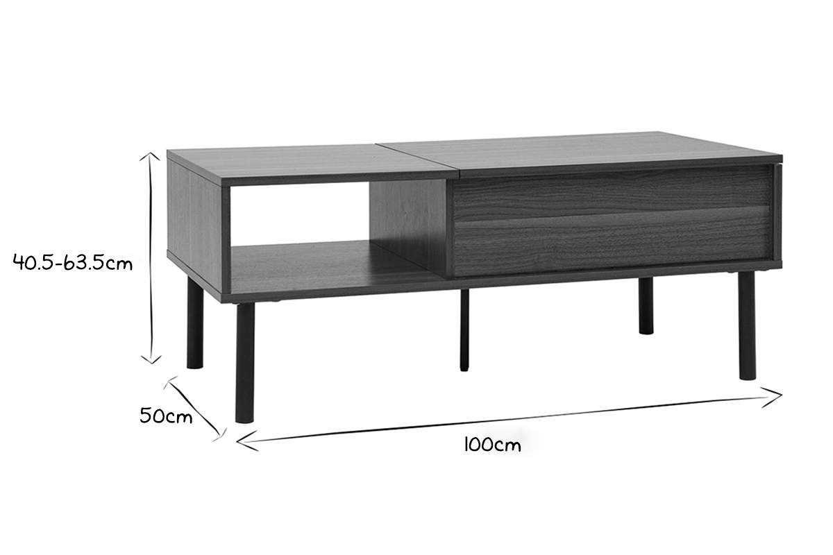 Table basse relevable rectangulaire bois fonc finition noyer et mtal noir L100 cm KANE