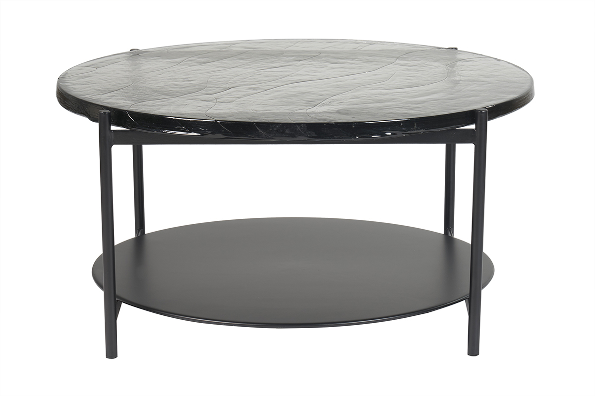 Table basse ronde avec double plateau en verre recycl et mtal noir D85 cm WELLE