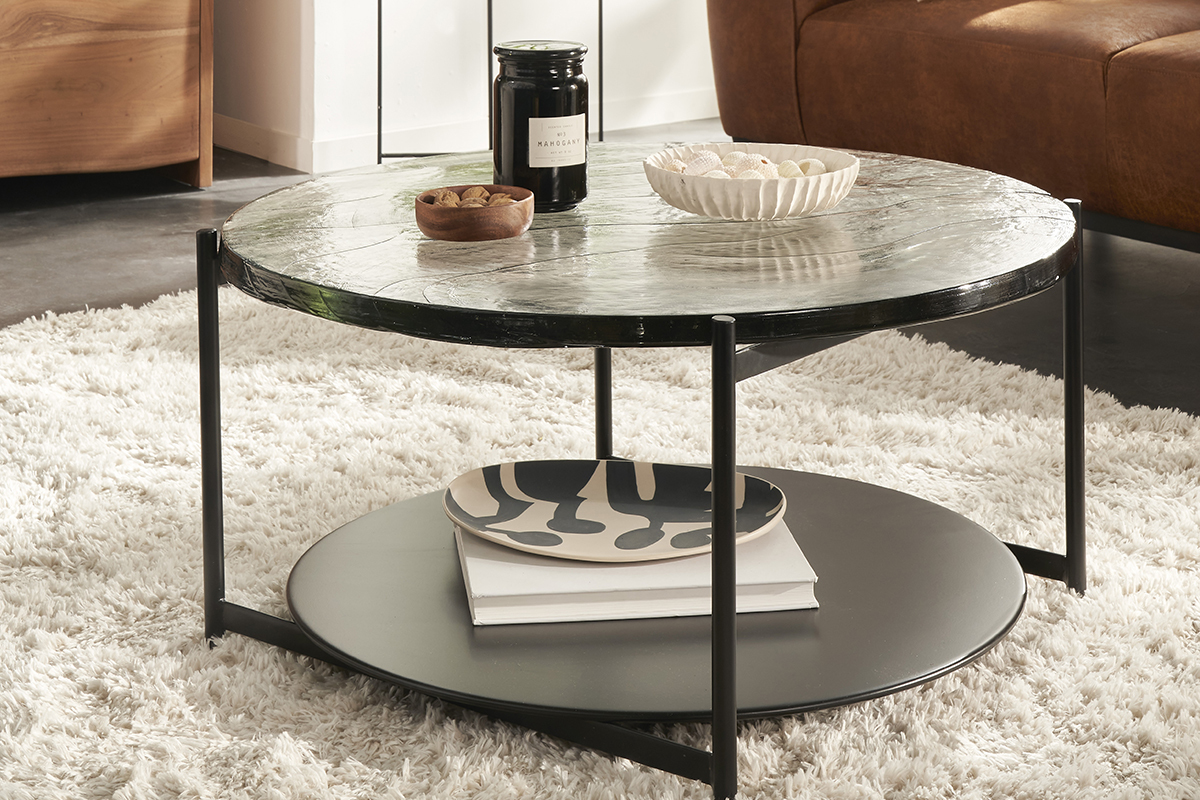 Table basse ronde avec double plateau en verre recycl et mtal noir D85 cm WELLE