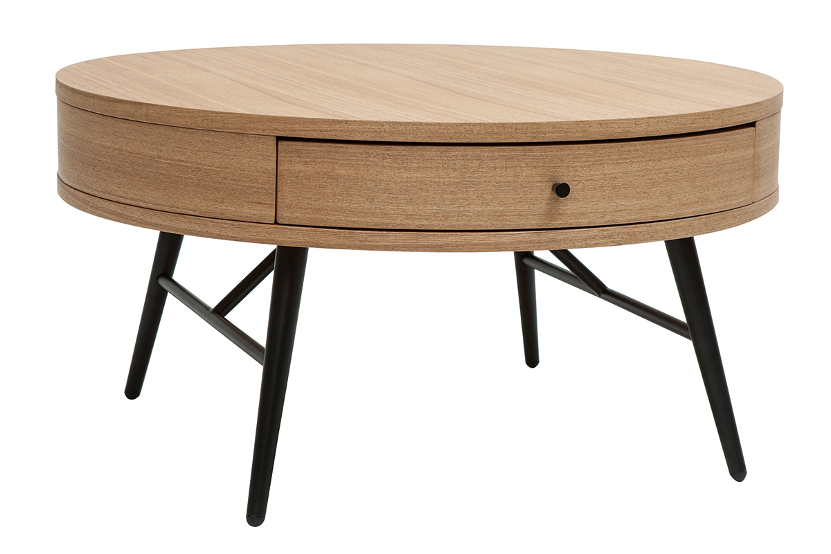 Table basse ronde avec tiroir bois clair et mtal noir D82 cm KORAL