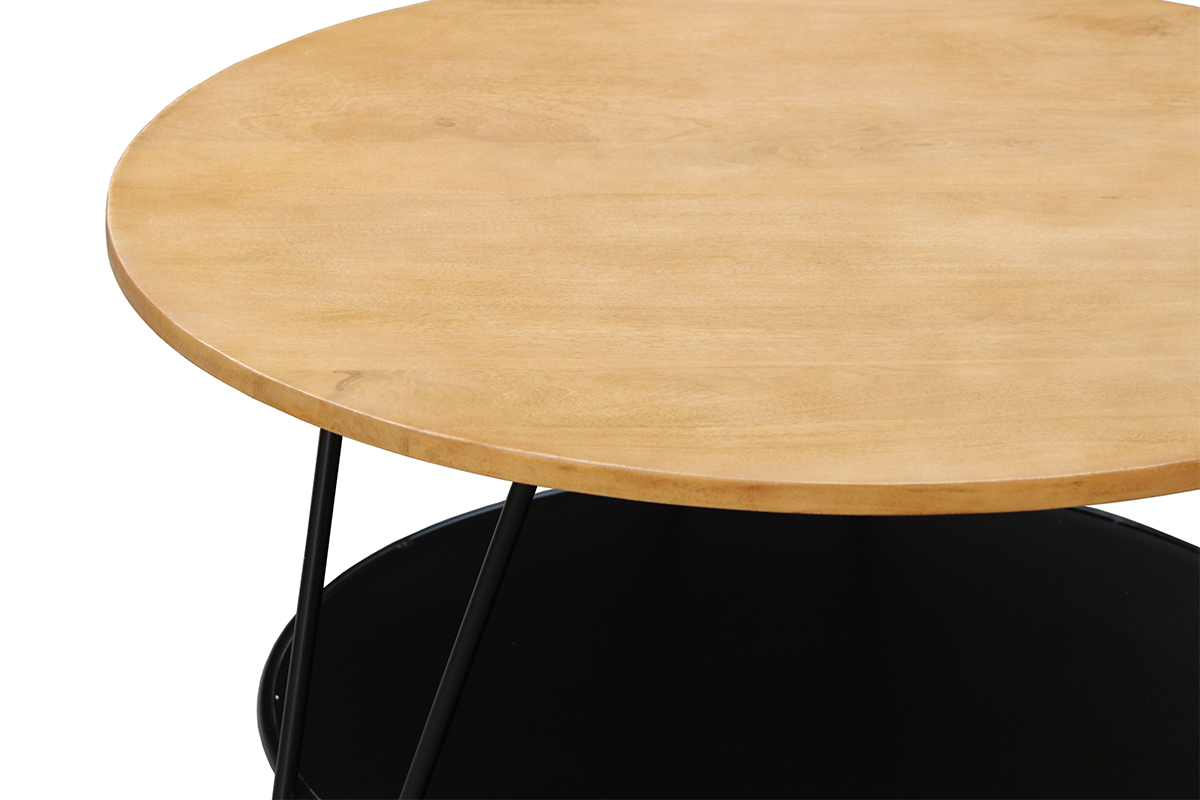 Table basse ronde bois manguier massif et mtal noir D80 cm PRIYA