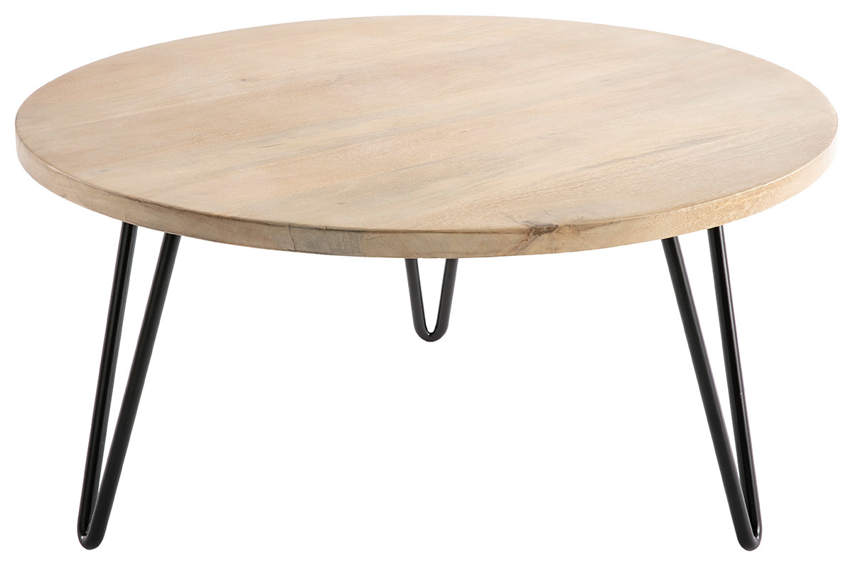 Table basse ronde bois manguier massif et mtal noir D80 cm VIBES