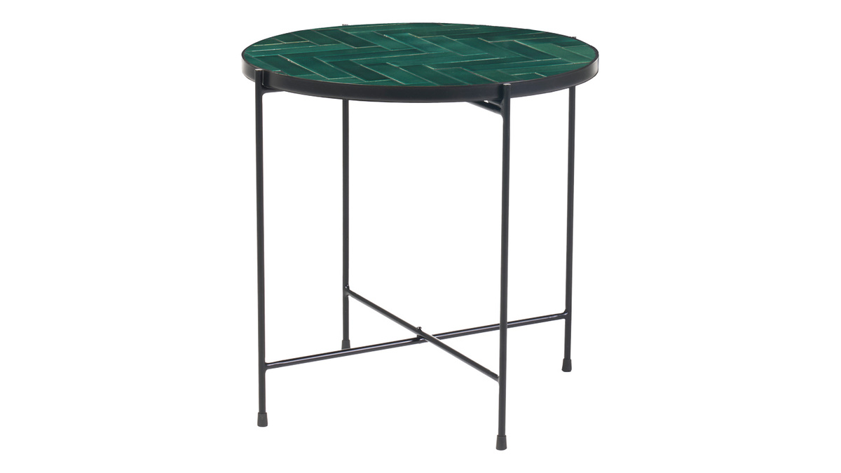 Table basse ronde en cramique vert fonc et mtal noir D50 cm KOTTA