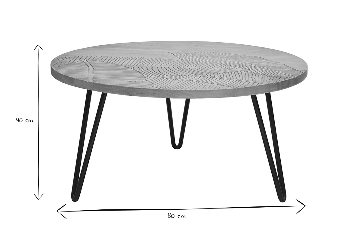 Table basse ronde grave bois manguier massif et mtal noir D80 cm VIBES