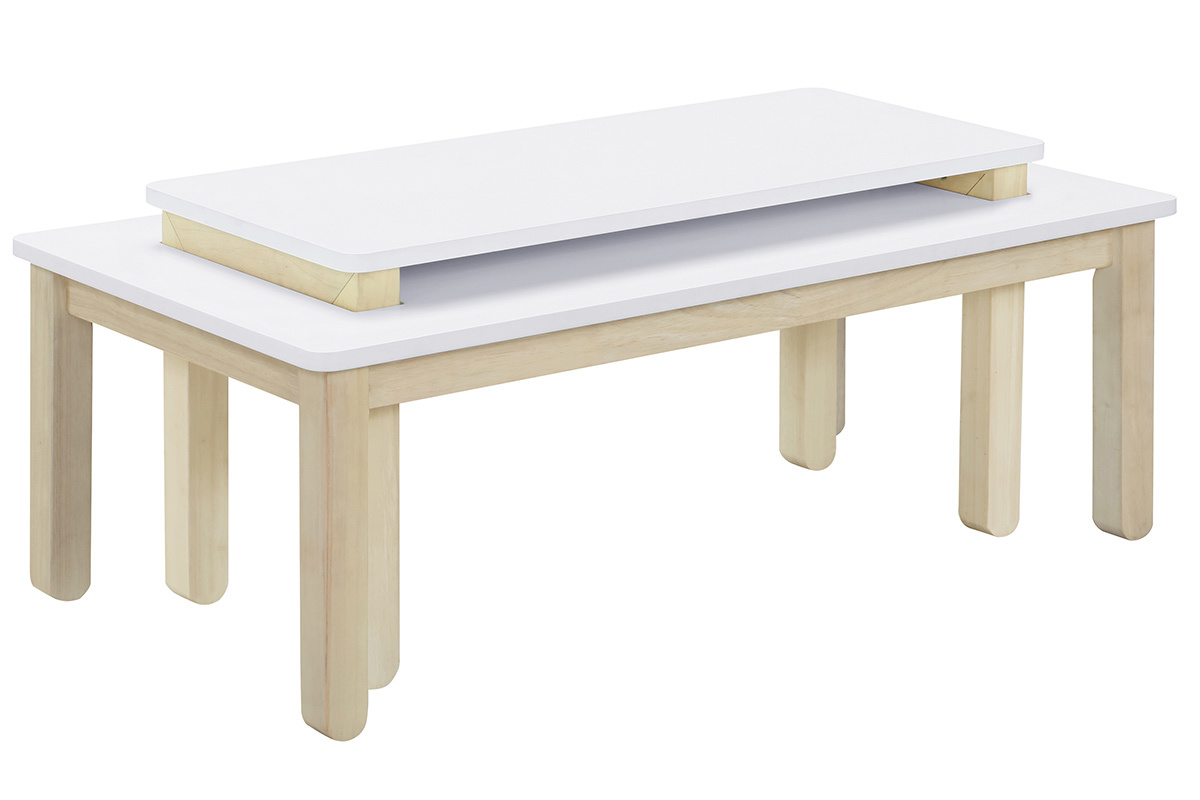 Table basse scandinave avec banc intgr blanc et bois clair L110 cm CYBEL