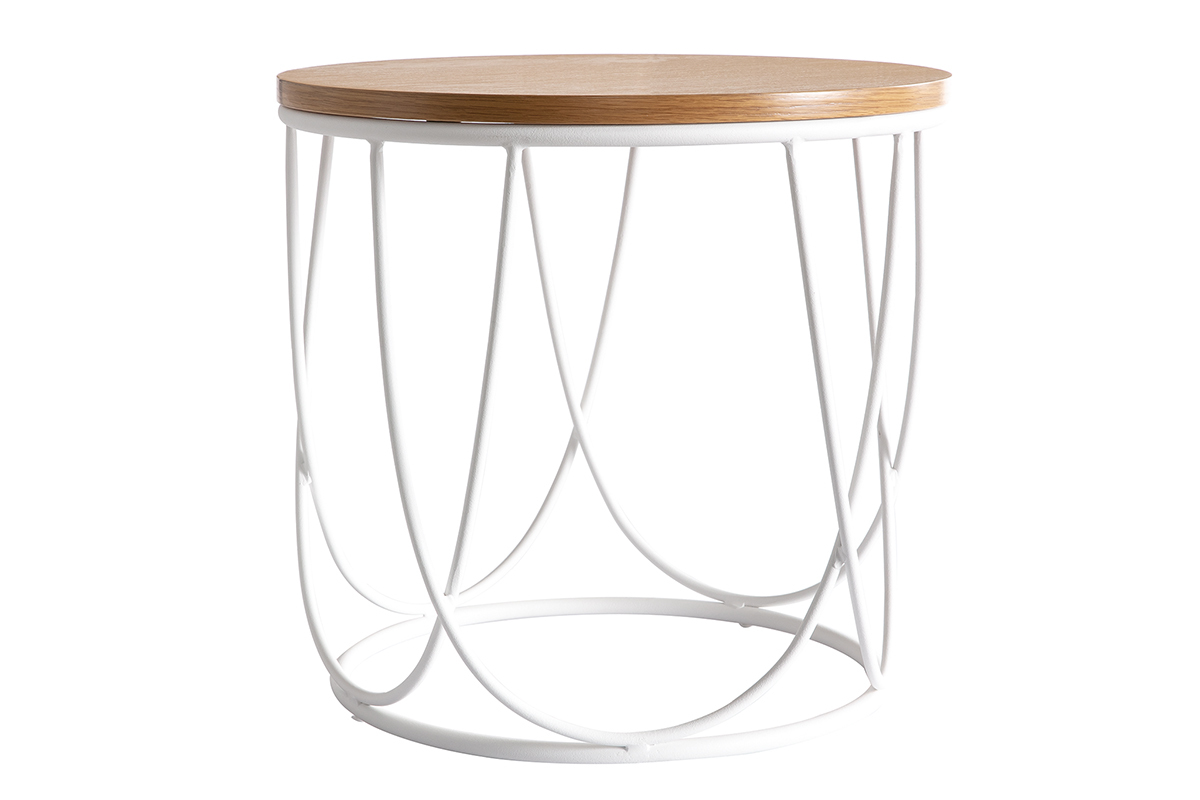 Table d'appoint ronde bois clair chne et mtal blanc D42 cm LACE