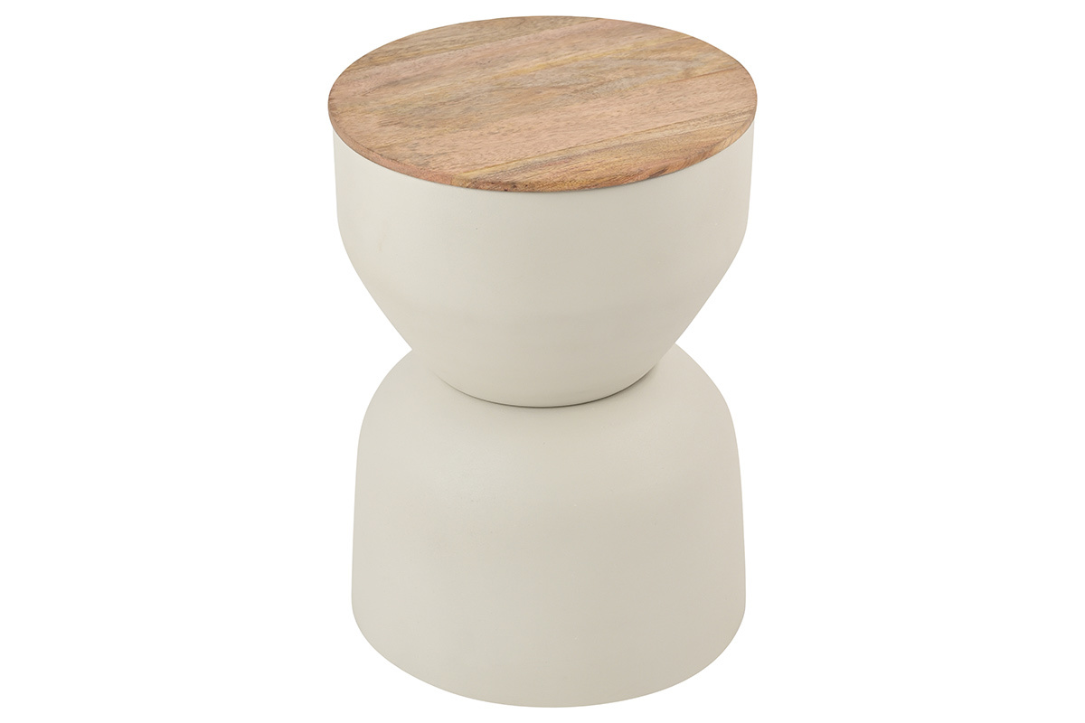 Table d'appoint ronde design avec rangement en mtal grge et bois manguier massif D30 cm YOYO