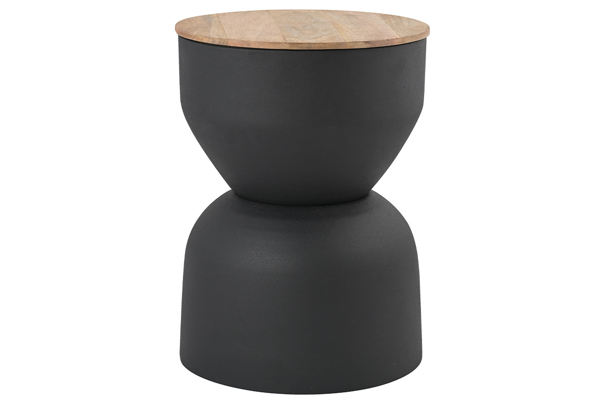 Table d'appoint ronde design avec rangement en mtal gris anthracite et bois manguier massif D30 cm YOYO