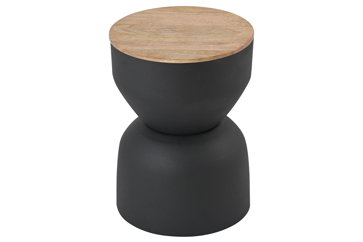 Table d'appoint ronde design avec rangement en mtal gris anthracite et bois manguier massif D30 cm YOYO