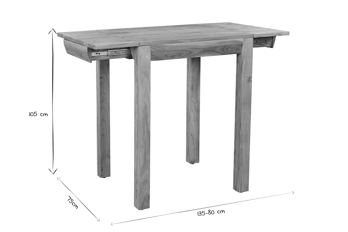 Table de bar haute extensible carre en bois massif L80-135 cm BALTO