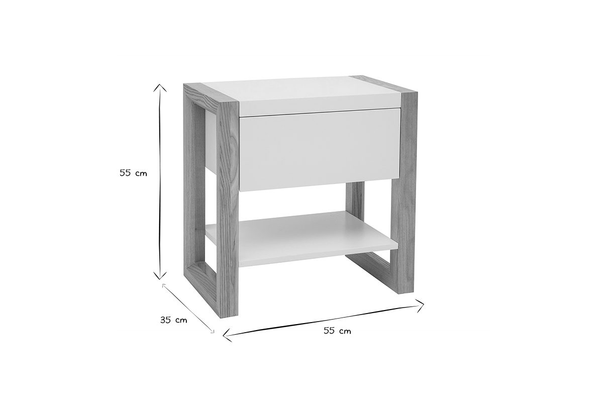 Table de chevet blanc et bois clair frne massif L55 cm ARMEL