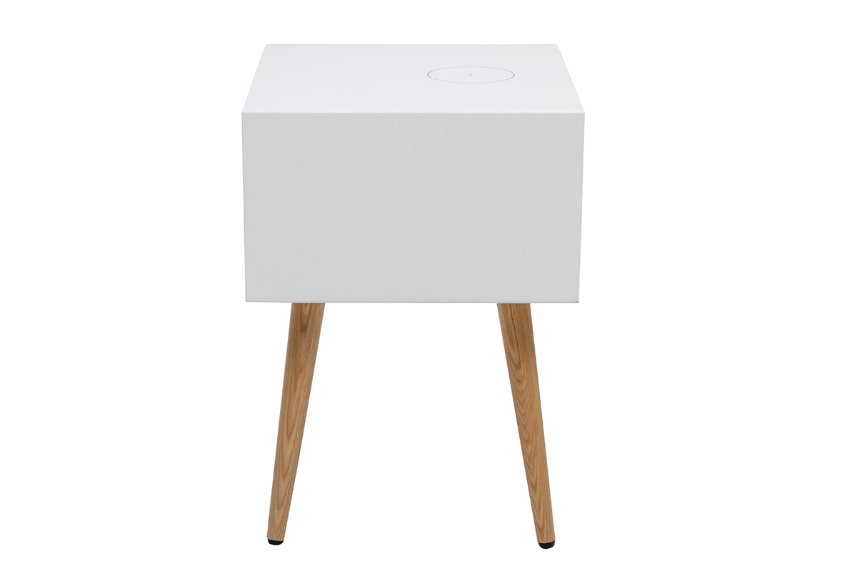 Table de chevet connecte multimdia blanc mat et bois clair massif L40 c PAVAN