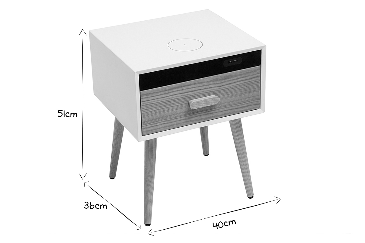 Table de chevet connecte multimdia blanc mat et bois clair massif L40 c PAVAN