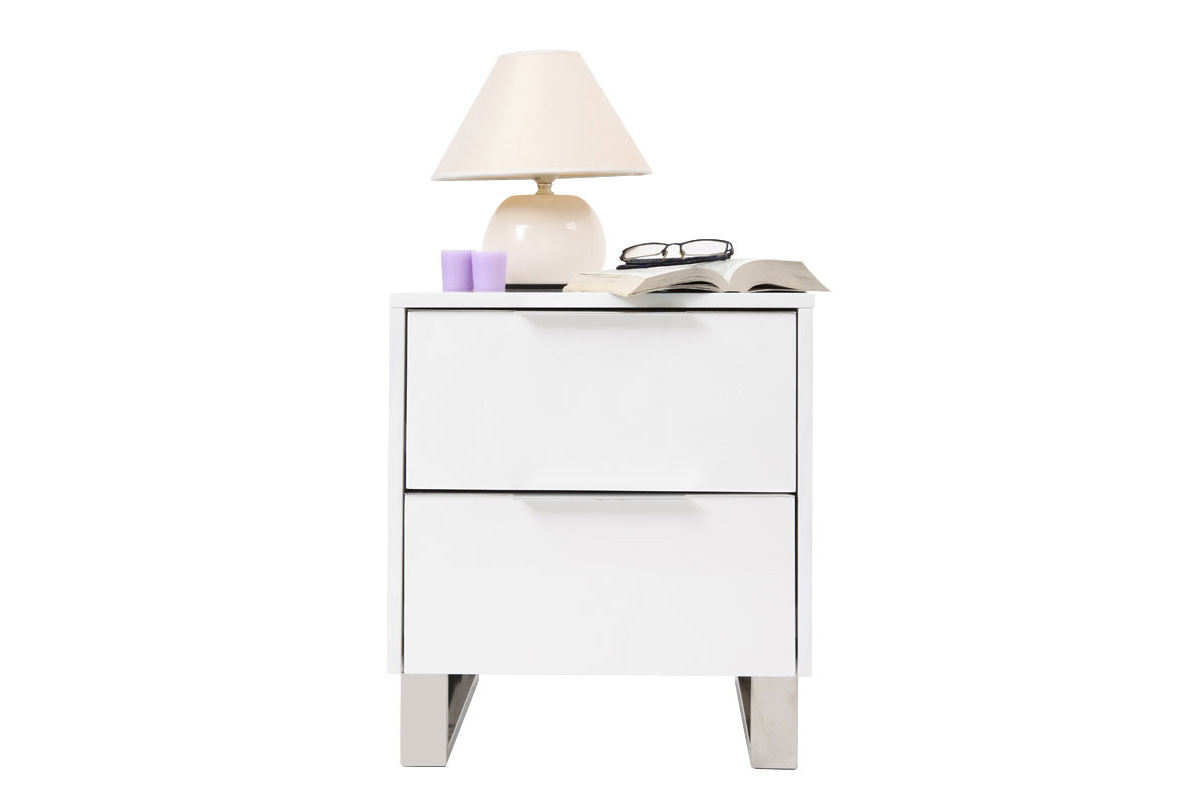 Table de chevet design blanc laqu et mtal chrom L45 cm HALIFAX