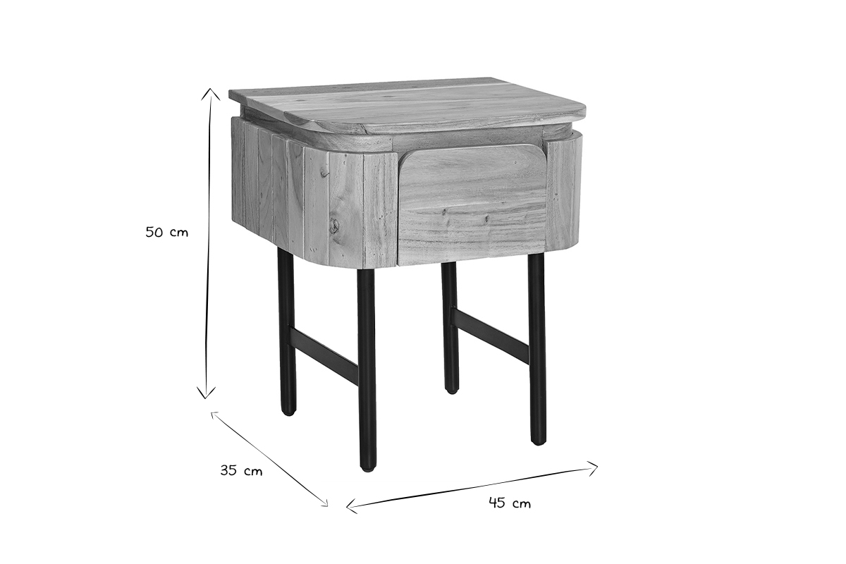 Table de chevet en bois massif et mtal noir avec tiroir L45 cm NAPOLI