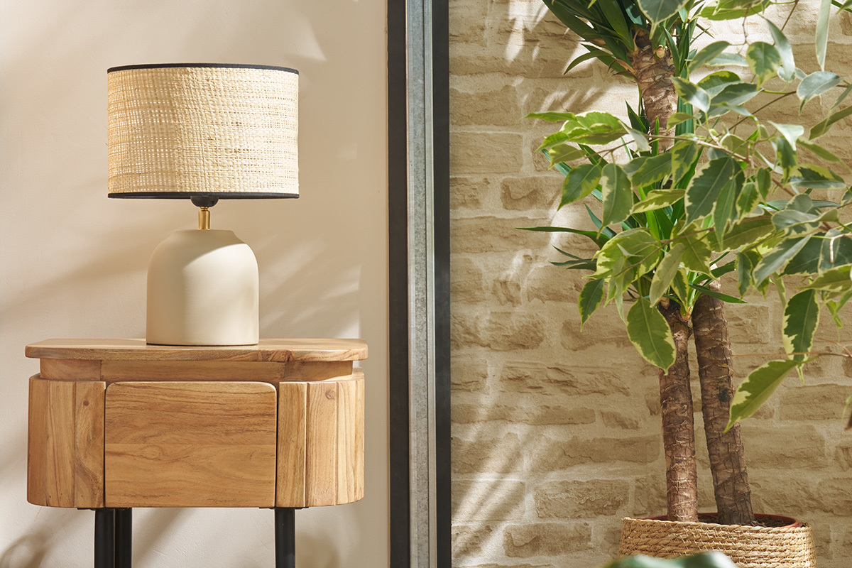 Table de chevet en bois massif et mtal noir avec tiroir L45 cm NAPOLI