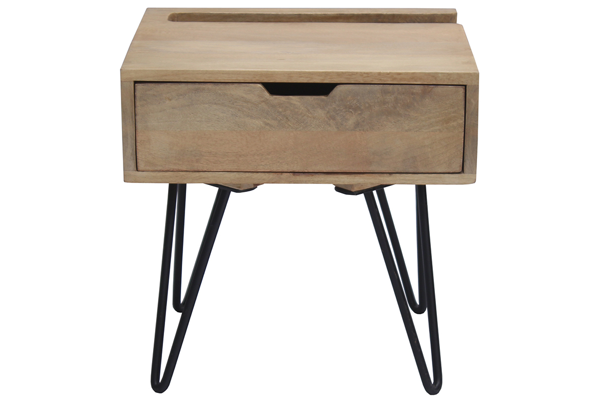 Table de chevet industrielle bois manguier massif et mtal noir VIBES