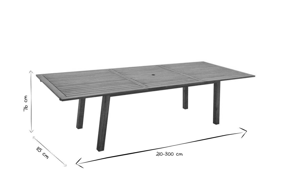 Table de jardin extensible rallonges intgres en bois massif L210-300 cm MAYEL