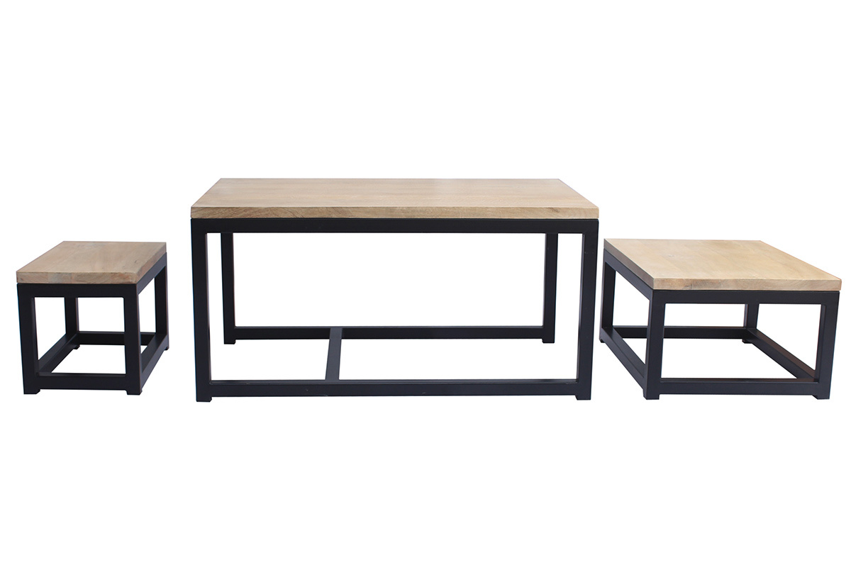 Tables basses gigognes bois manguier massif et mtal noir (lot de 3) FACTORY