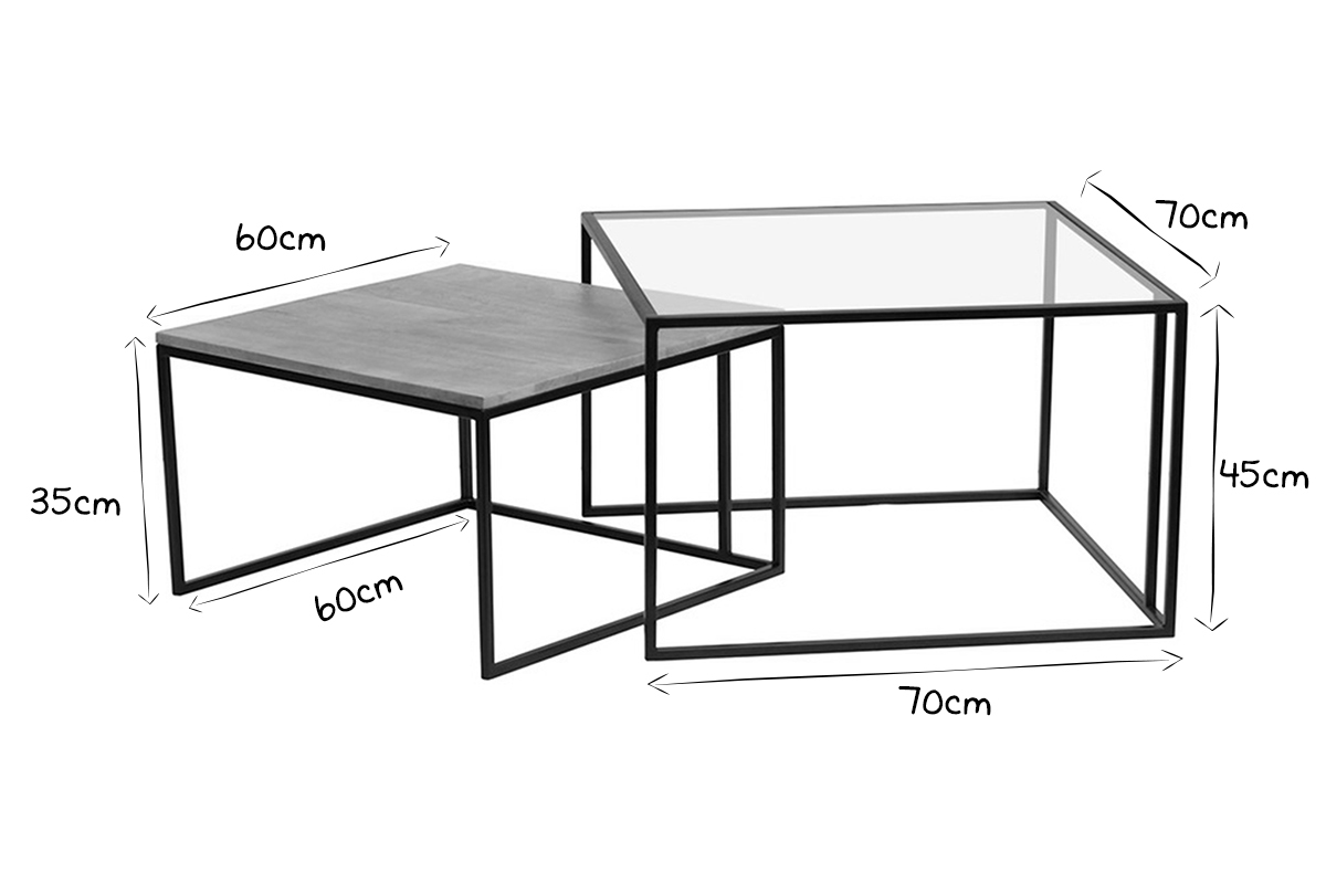 Tables basses gigognes carres verre tremp, bois manguier massif et mtal noir (lot de 2) TAHL