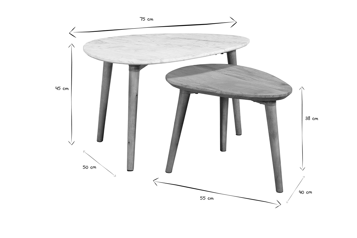 Tables basses gigognes marbre blanc et bois manguier massif (lot de 2) EVY