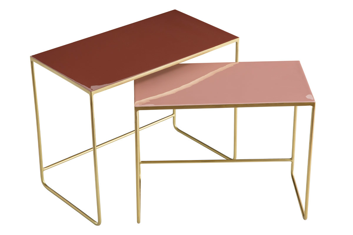 Tables basses gigognes rectangulaires design terracotta, rose et mtal dor (lot de 2) WESS