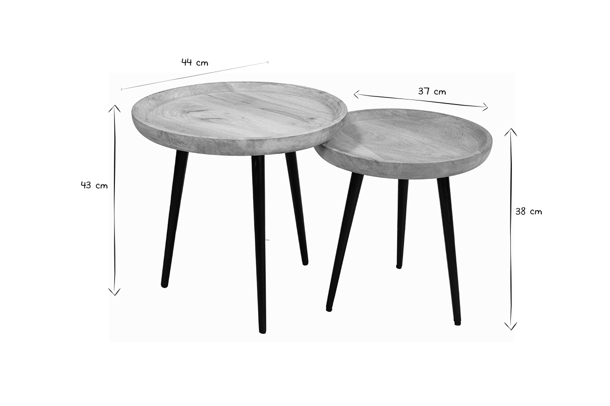 Tables basses gigognes rondes bois manguier massif et mtal noir (lot de 2) PYTA