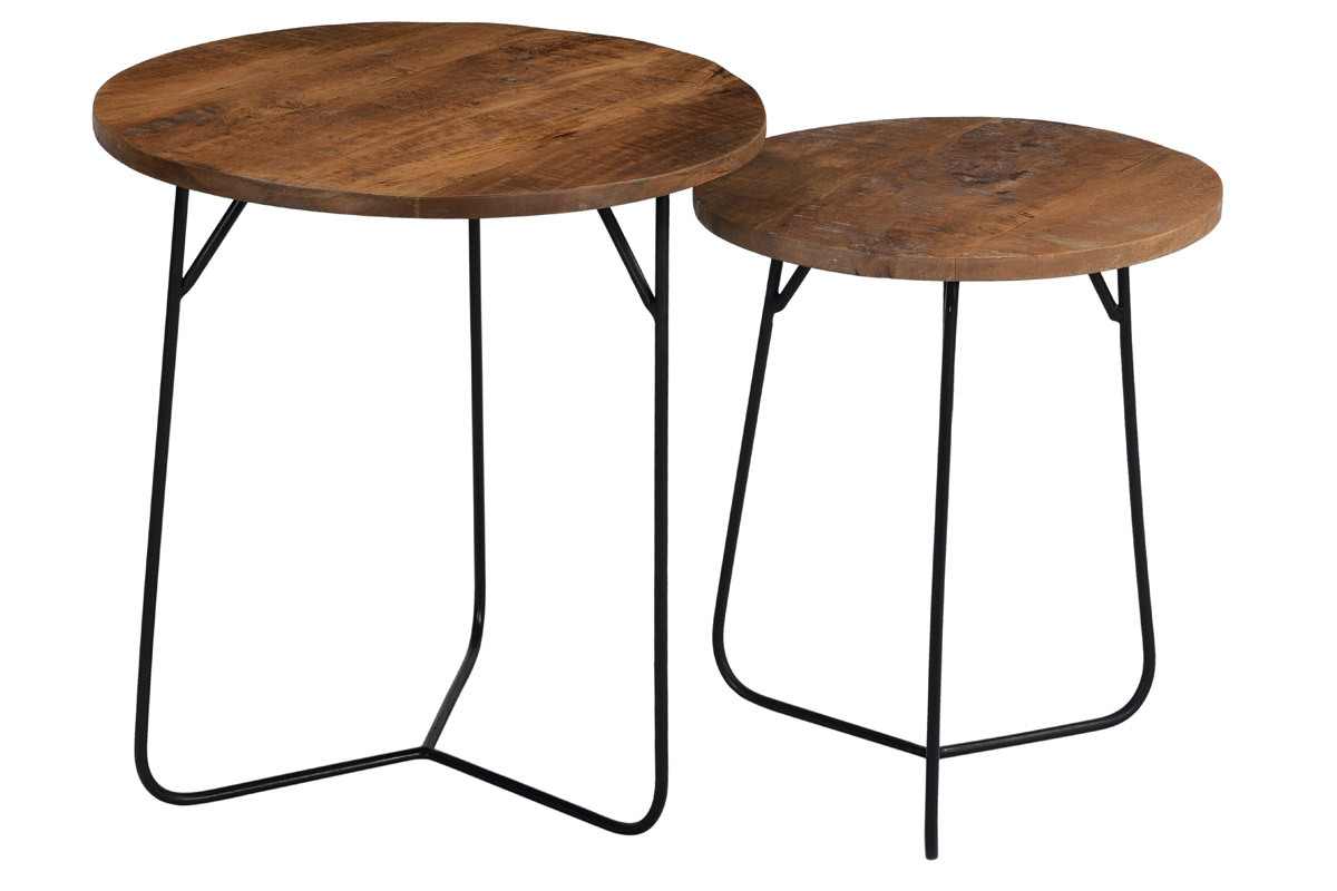 Tables basses gigognes rondes bois massif et mtal noir (lot de 2) AQUILA