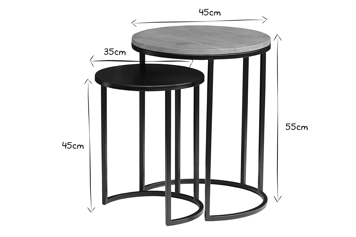 Tables d'appoint gigognes en bois manguier massif et mtal noir TAHL