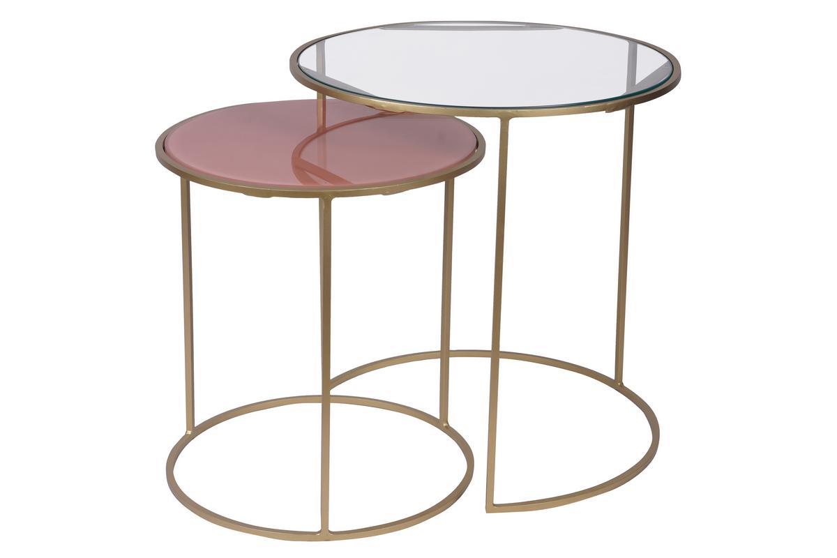 Tables d'appoint gigognes en verre teint rose et mtal dor (lot de 2) JANE