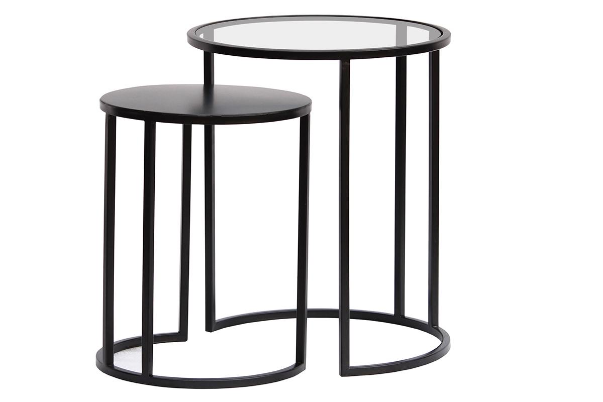 Tables d'appoint gigognes en verre tremp et mtal noir TAHL