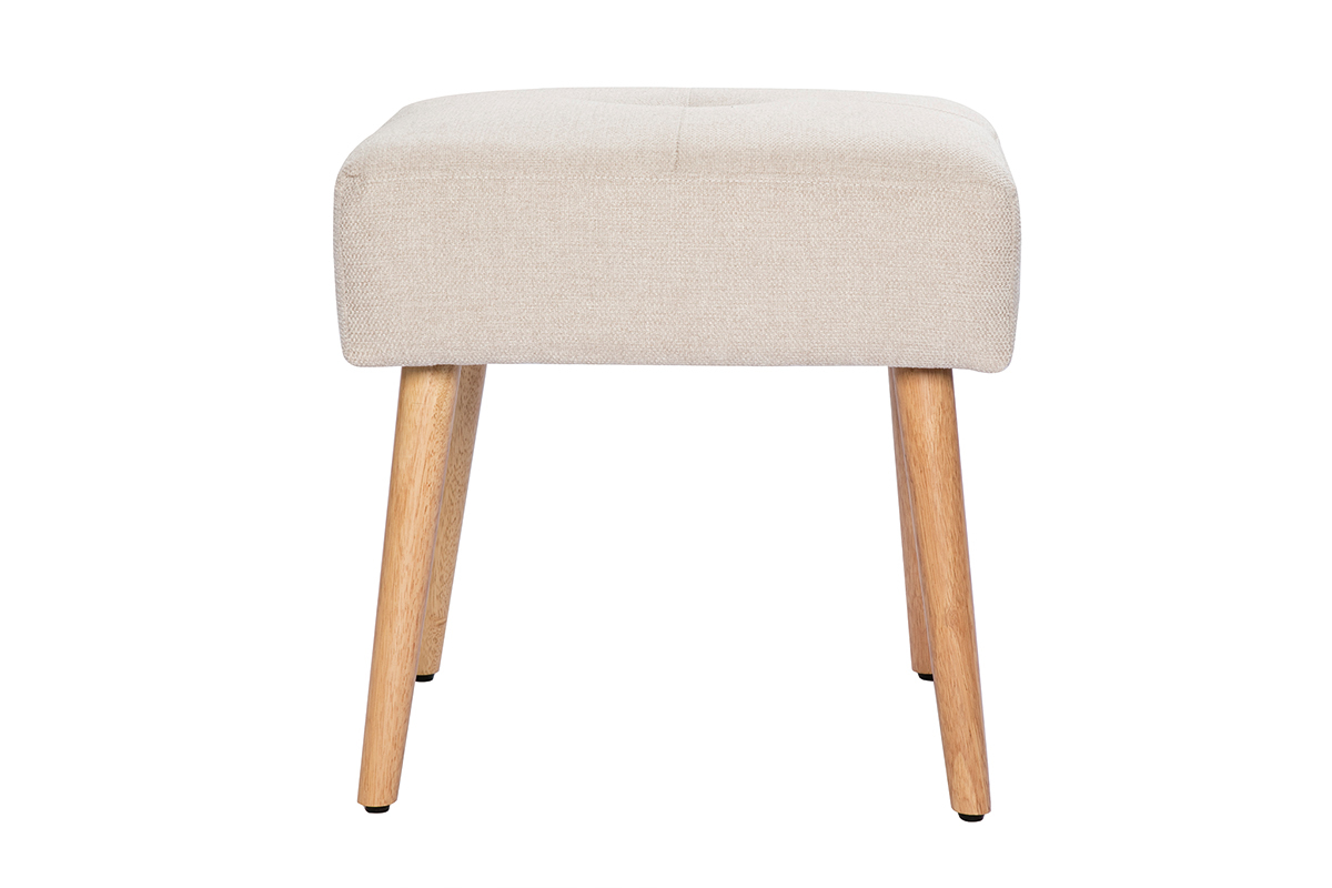 Tabouret bas en tissu effet velours textur beige et bois clair massif H46 cm GUESTA