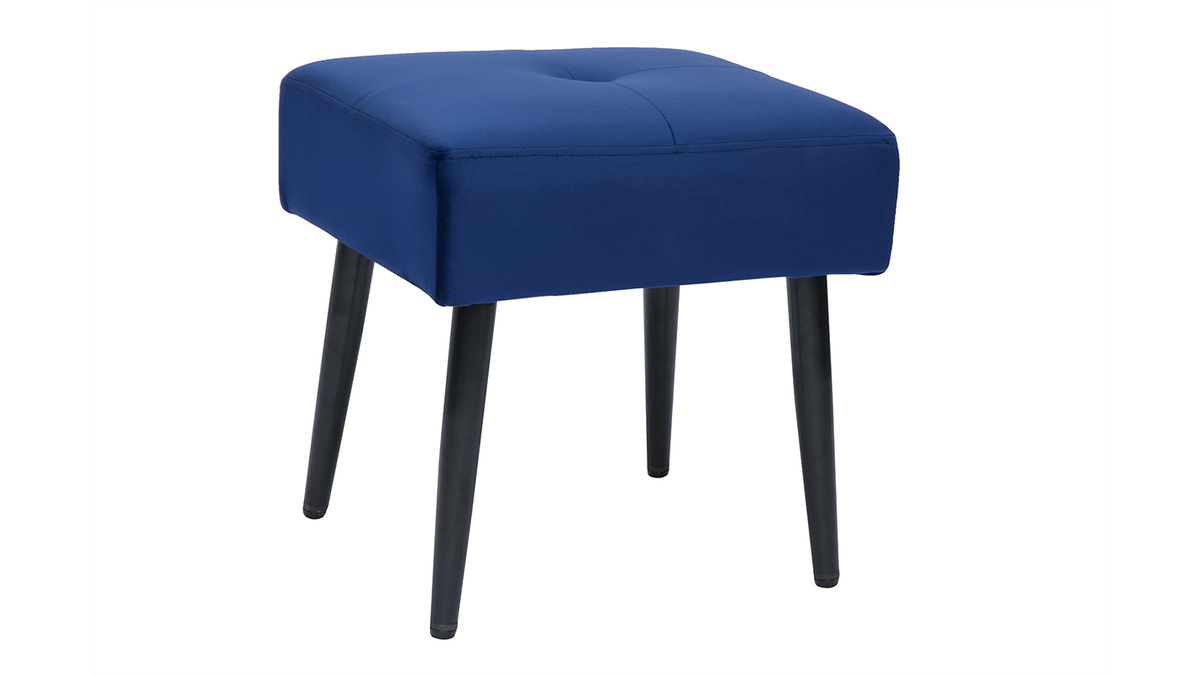 Tabouret bas en tissu effet velours textur bleu nuit et mtal noir H46 cm GUESTA