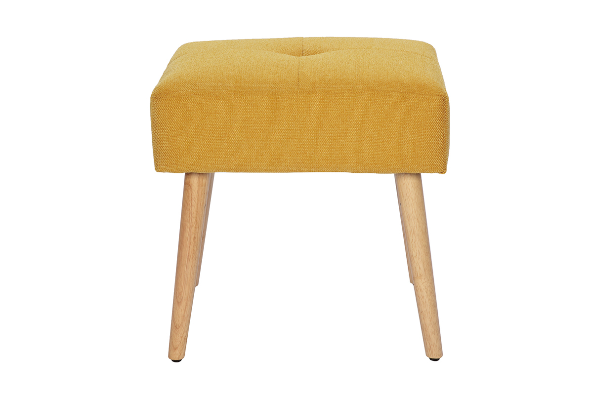 Tabouret bas en tissu effet velours textur jaune moutarde et bois clair massif H46 cm GUESTA