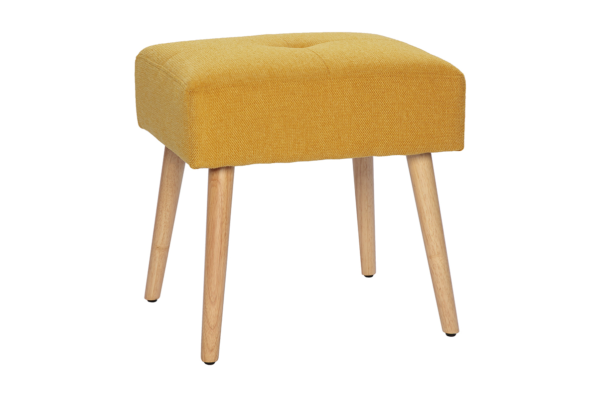 Tabouret bas en tissu effet velours textur jaune moutarde et bois clair massif H46 cm GUESTA