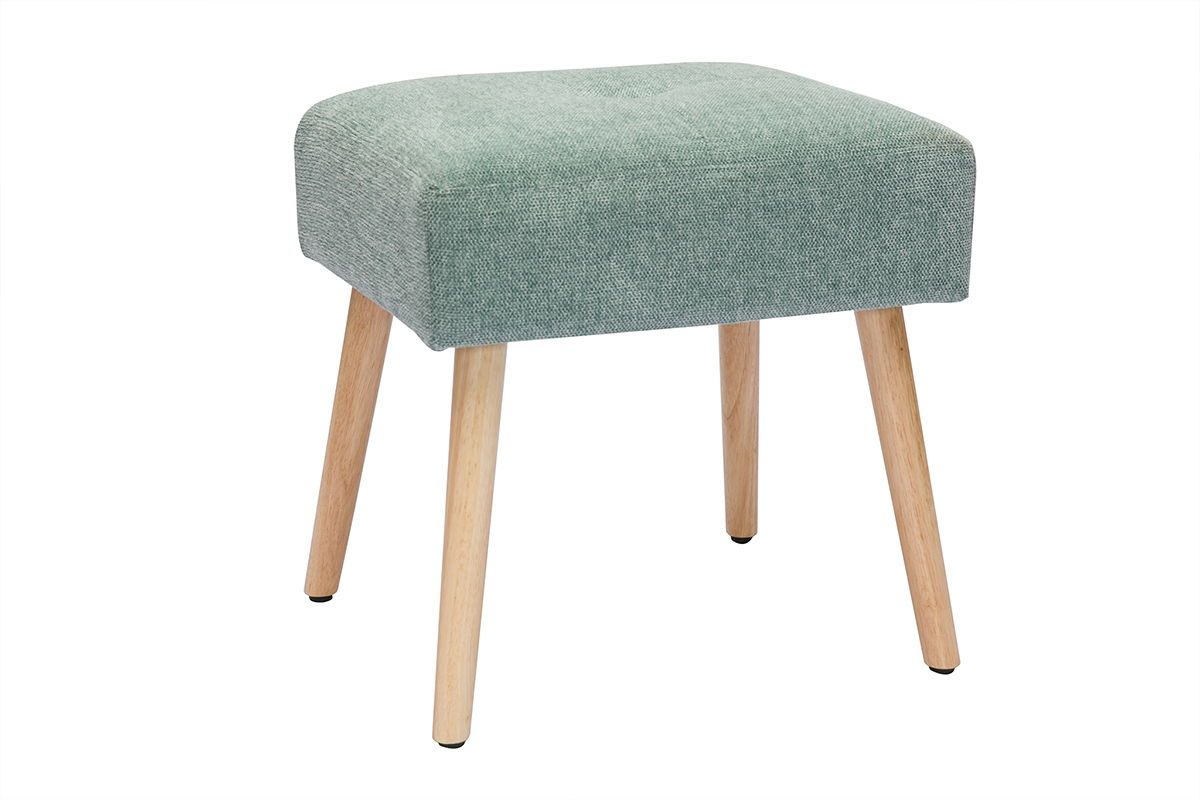 Tabouret bas en tissu effet velours textur vert cladon et bois clair massif H46 cm GUESTA