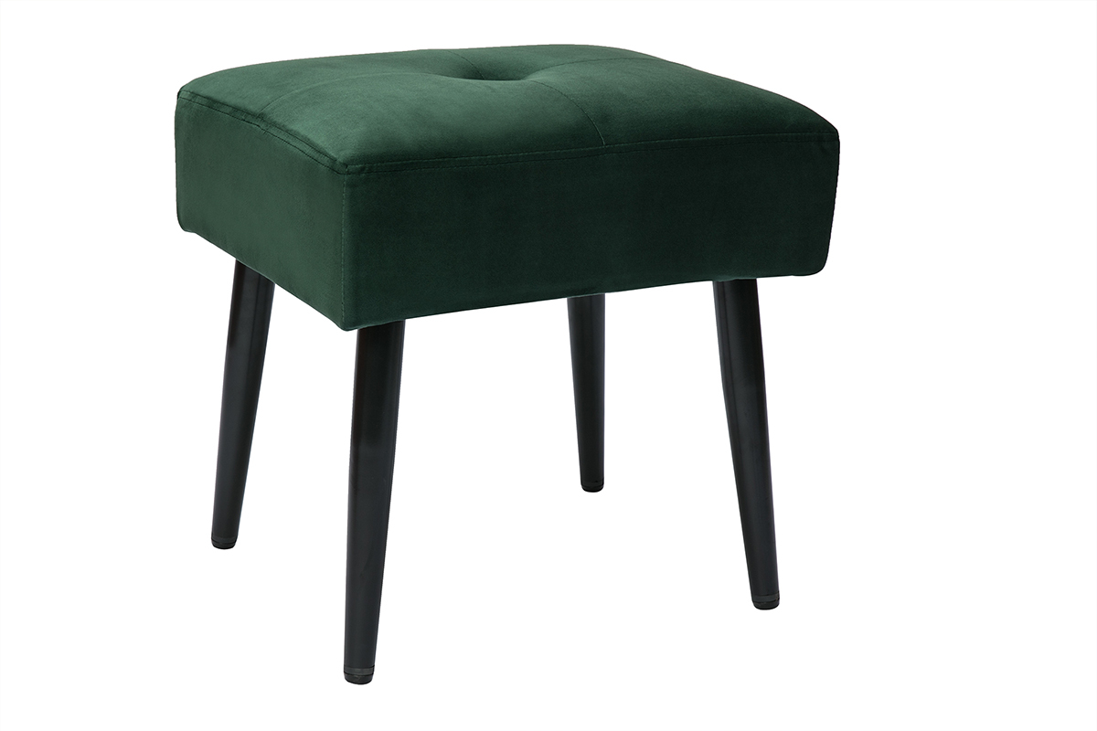 Tabouret bas en tissu effet velours textur vert fonc et mtal noir H46 cm GUESTA