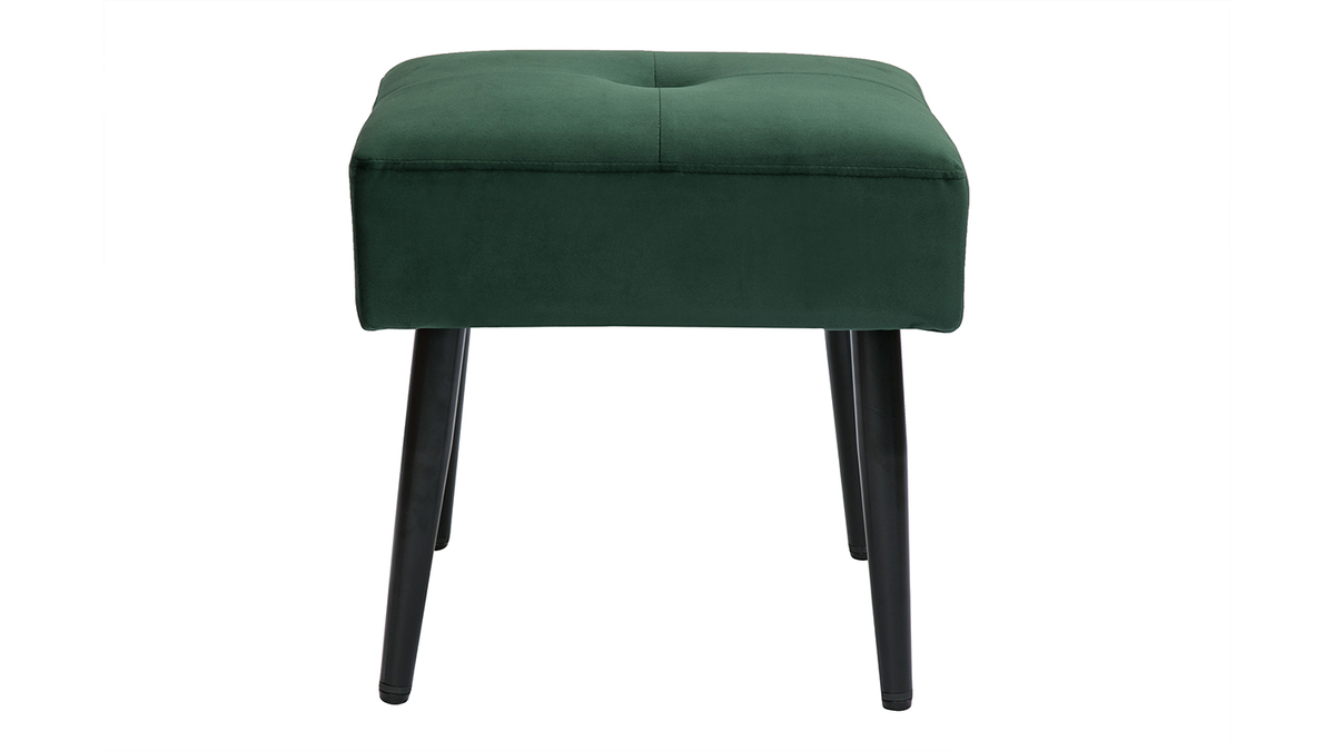 Tabouret bas en tissu effet velours textur vert fonc et mtal noir H46 cm GUESTA