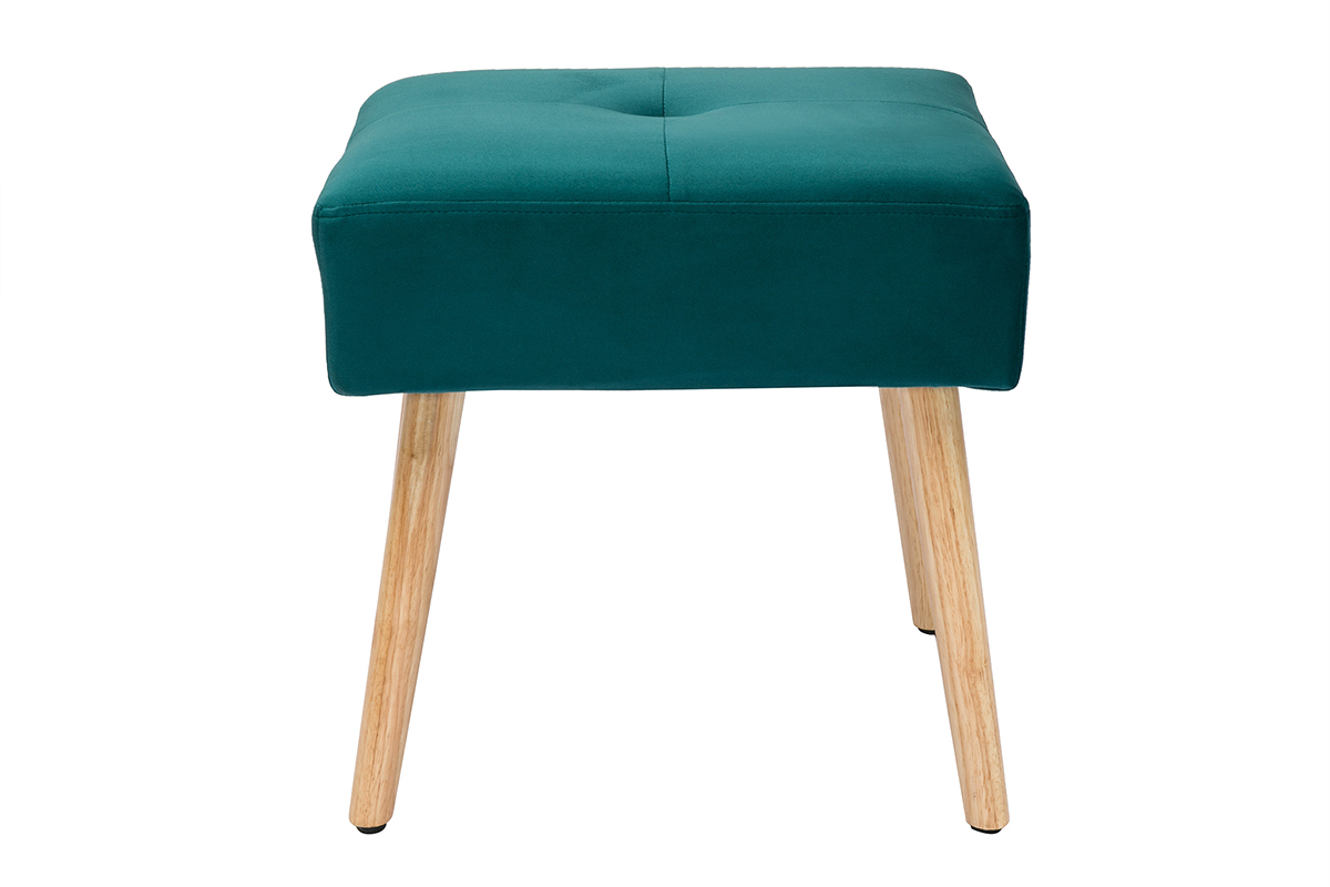 Tabouret bas en tissu velours bleu ptrole et bois clair massif H46 cm GUESTA